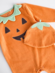Orange Baby Halloween Velour Pumpkin Sleepsuit and Hat Set (0mths-3yrs) - Image 8 of 9