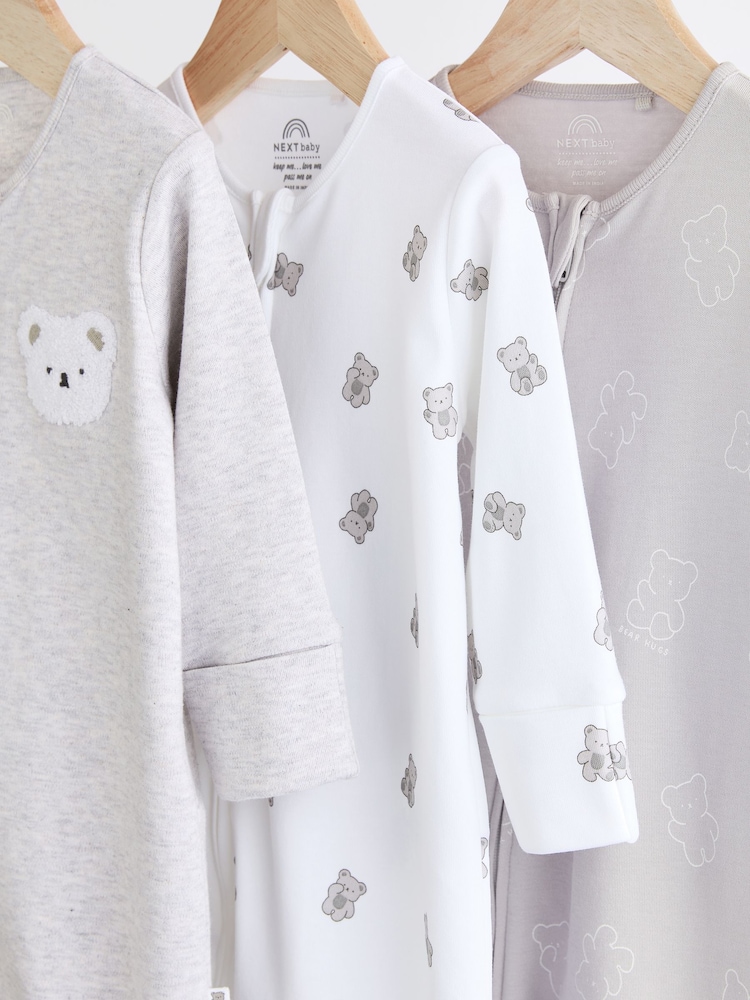 Grey Baby Two Way Zip 100% Cotton Sleepsuits 3 Pack (0mths-2yrs) - Image 7 of 11