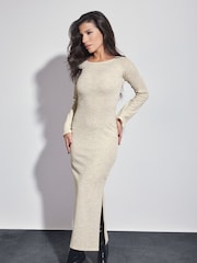 PixieGirl Petite Cream Twist Back Ribbed Dress - Image 1 of 7