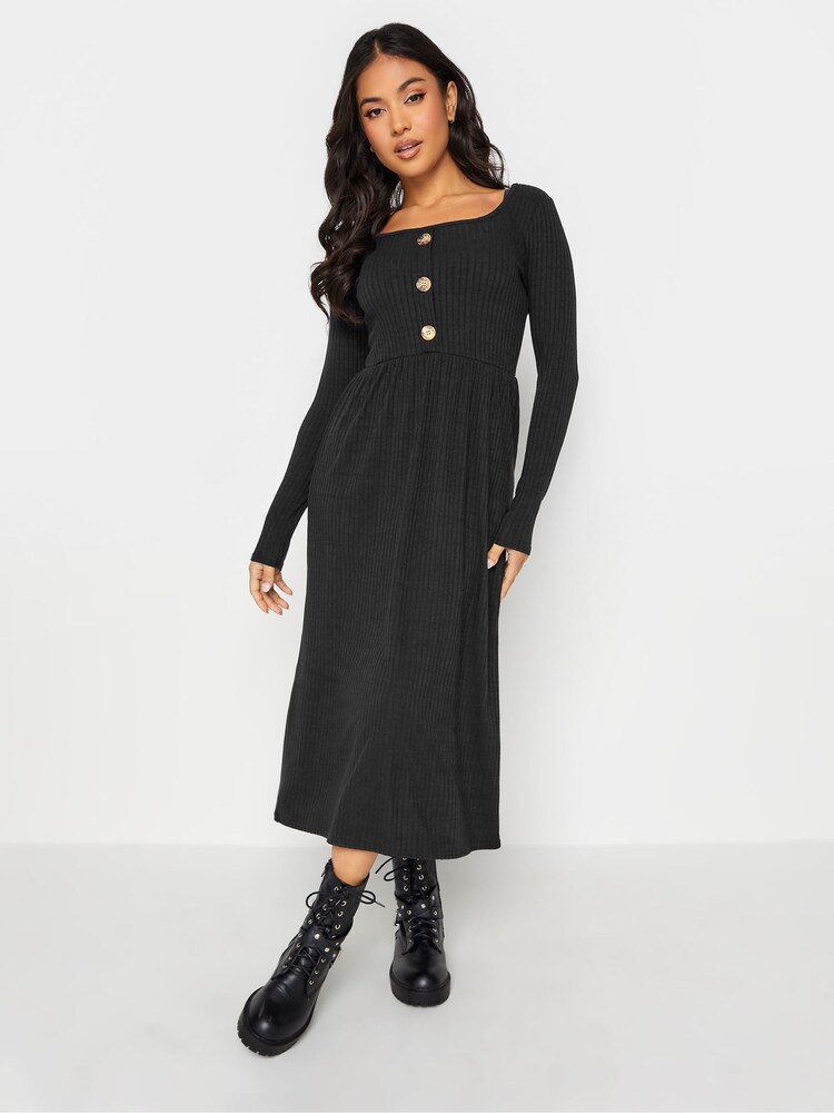 PixieGirl Petite Black Long Sleeve Ribbed Button Midaxi Dress - Image 1 of 4