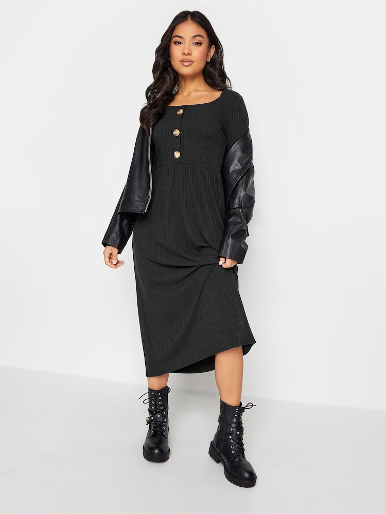 PixieGirl Petite Black Long Sleeve Ribbed Button Midaxi Dress - Image 2 of 4