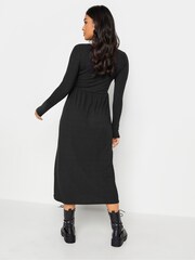 PixieGirl Petite Black Long Sleeve Ribbed Button Midaxi Dress - Image 3 of 4