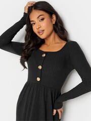PixieGirl Petite Black Long Sleeve Ribbed Button Midaxi Dress - Image 4 of 4