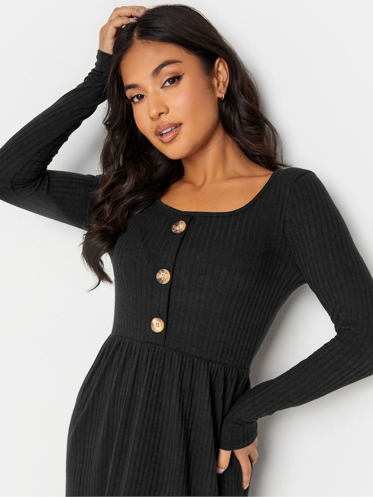 PixieGirl Petite Black Long Sleeve Ribbed Button Midaxi Dress - Image 4 of 4