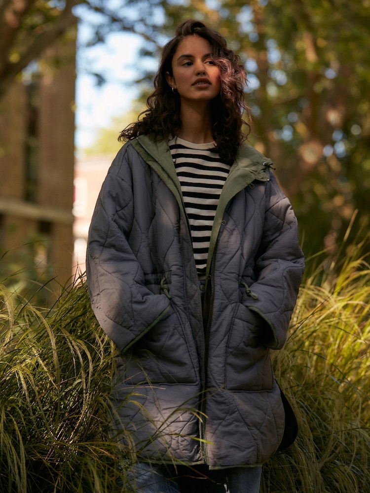 Khaki Green Reversible Shower Resistant Hooded Quilted Coat - Image 2 of 8