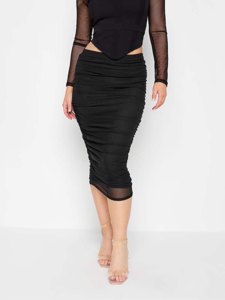 PixieGirl Petite Black Chrome Mesh Ruched Midi Skirt - Image 1 of 5