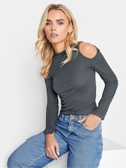 PixieGirl Petite Grey Cold Shoulder Ribbed Top - Image 1 of 4