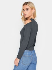 PixieGirl Petite Grey Cold Shoulder Ribbed Top - Image 2 of 4
