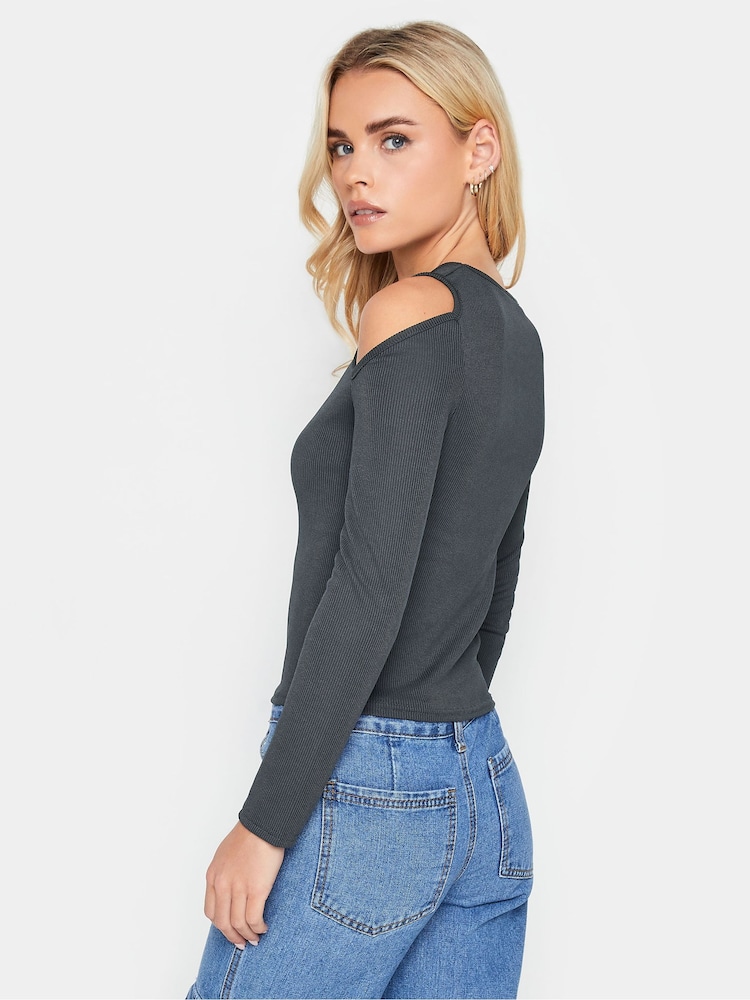 PixieGirl Petite Grey Cold Shoulder Ribbed Top - Image 2 of 4