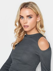 PixieGirl Petite Grey Cold Shoulder Ribbed Top - Image 4 of 4