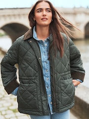 Khaki Green Quilted Corduroy Collar Shower Resistant Jacket - Image 1 of 7