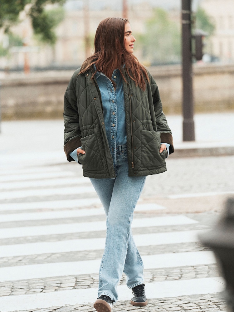 Khaki Green Quilted Corduroy Collar Shower Resistant Jacket - Image 2 of 7