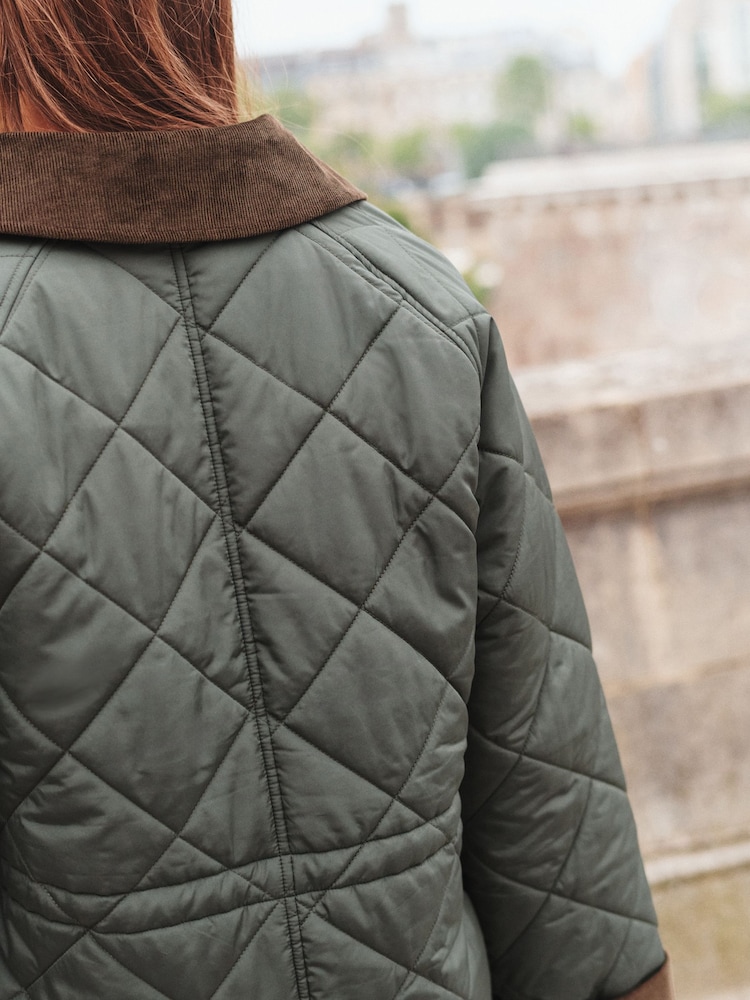 Khaki Green Quilted Corduroy Collar Shower Resistant Jacket - Image 3 of 7
