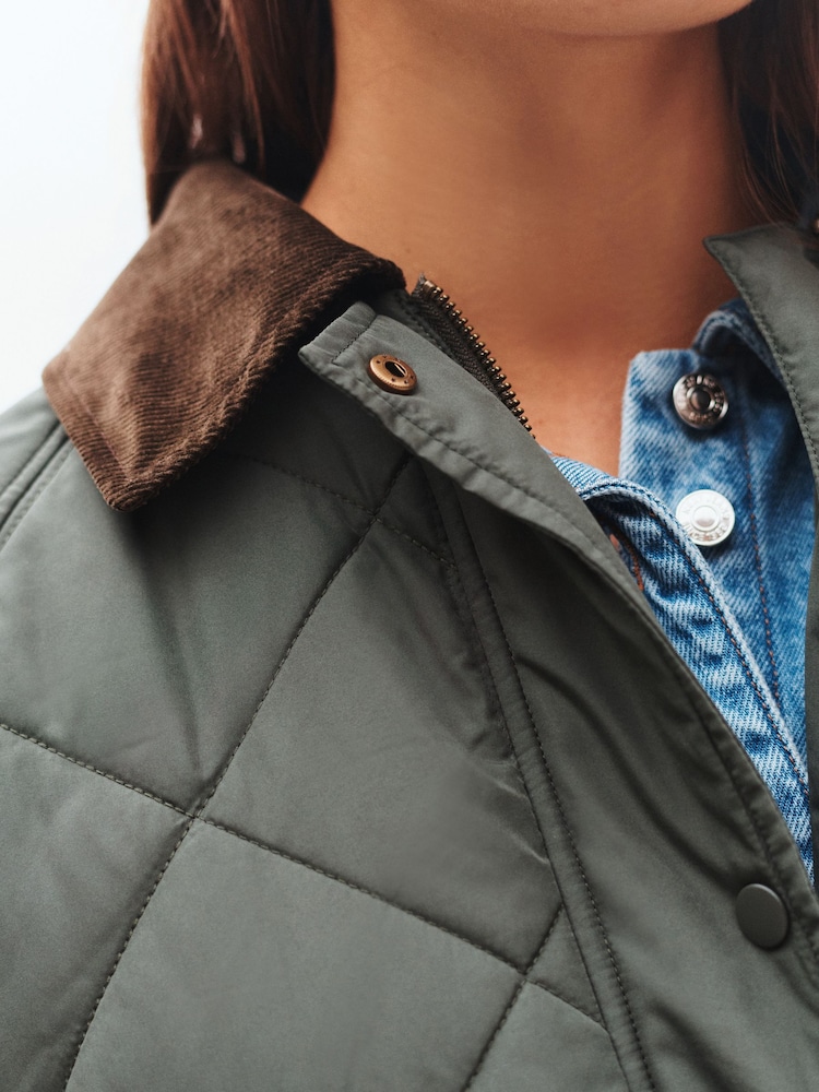Khaki Green Quilted Corduroy Collar Shower Resistant Jacket - Image 4 of 7