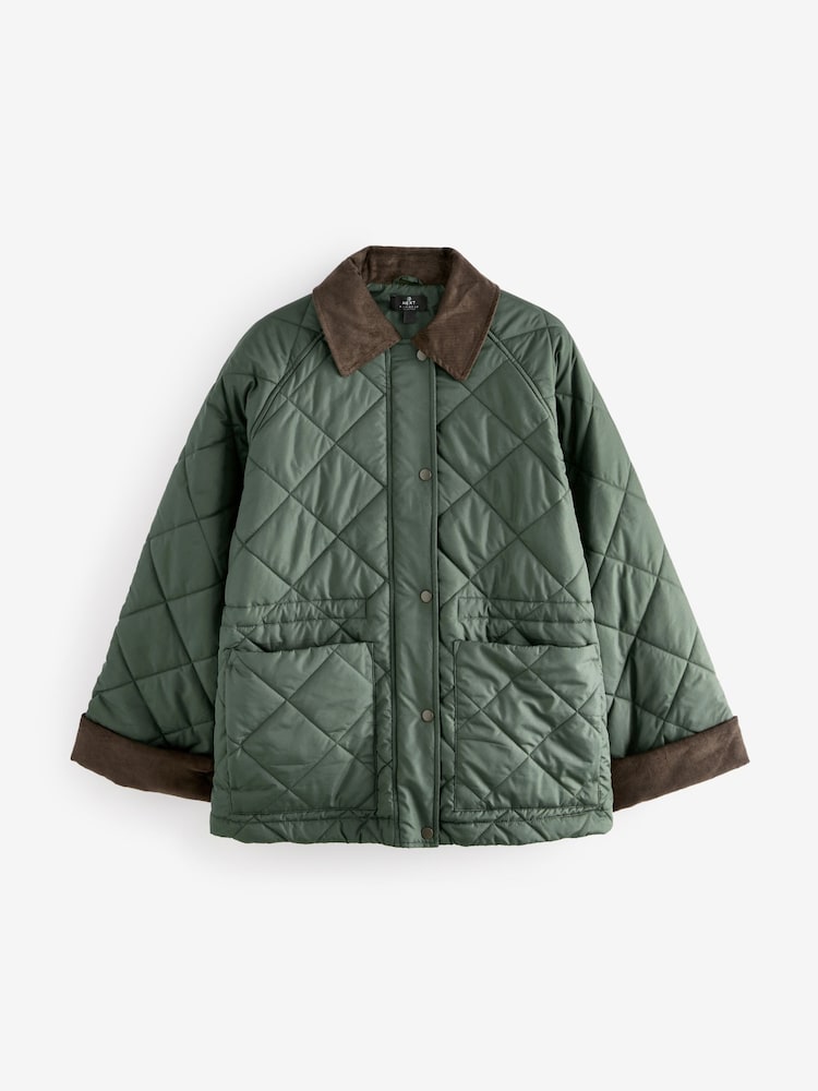 Khaki Green Quilted Corduroy Collar Shower Resistant Jacket - Image 5 of 7