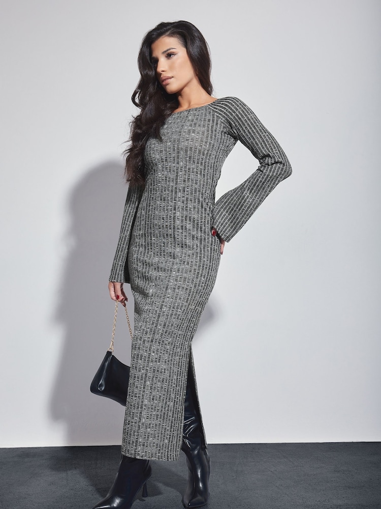 PixieGirl Petite Silver Twist Back Ribbed Dress - Image 1 of 7