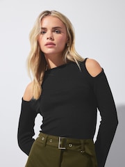 PixieGirl Petite Black Cold Shoulder Ribbed Top - Image 1 of 5