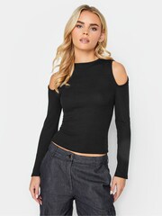 PixieGirl Petite Black Cold Shoulder Ribbed Top - Image 2 of 5