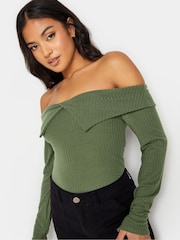 PixieGirl Petite Green Folder Over Ribbed Top - Image 3 of 4