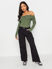 PixieGirl Petite Green Folder Over Ribbed Top - Image 4 of 4