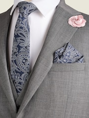 Navy Blue/Pink Textured Paisley Tie, Pocket Square And Pin Set - Image 1 of 7