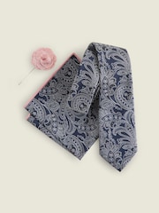 Navy Blue/Pink Textured Paisley Tie, Pocket Square And Pin Set - Image 2 of 7