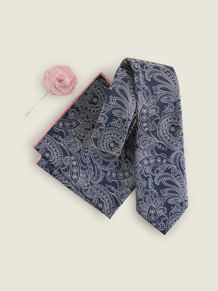 Navy Blue/Pink Textured Paisley Tie, Pocket Square And Pin Set - Image 2 of 7