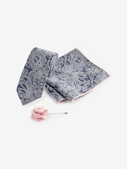 Navy Blue/Pink Textured Paisley Tie, Pocket Square And Pin Set - Image 3 of 7
