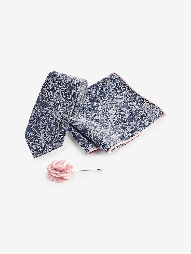 Navy Blue/Pink Textured Paisley Tie, Pocket Square And Pin Set - Image 3 of 7