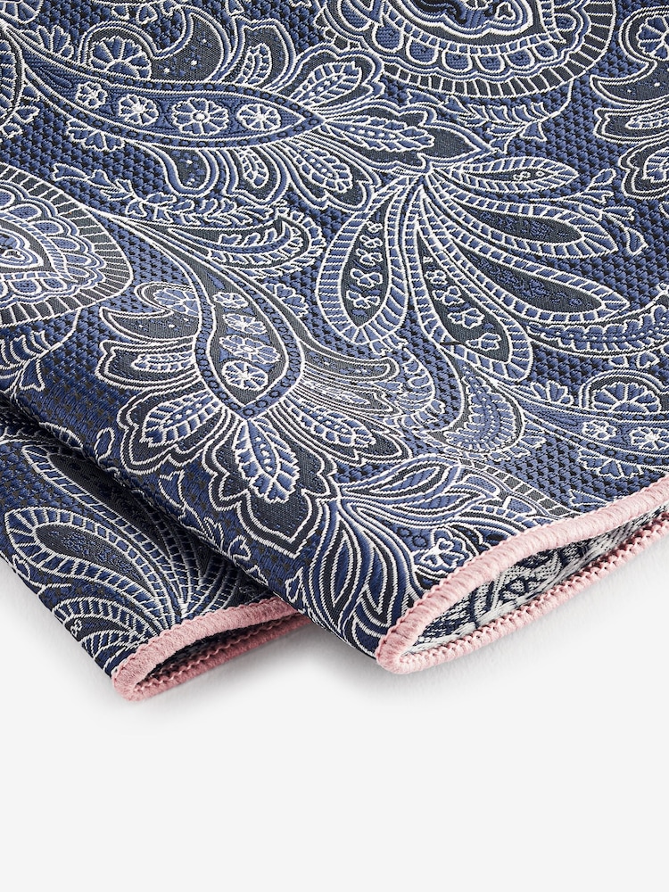 Navy Blue/Pink Textured Paisley Tie, Pocket Square And Pin Set - Image 4 of 7