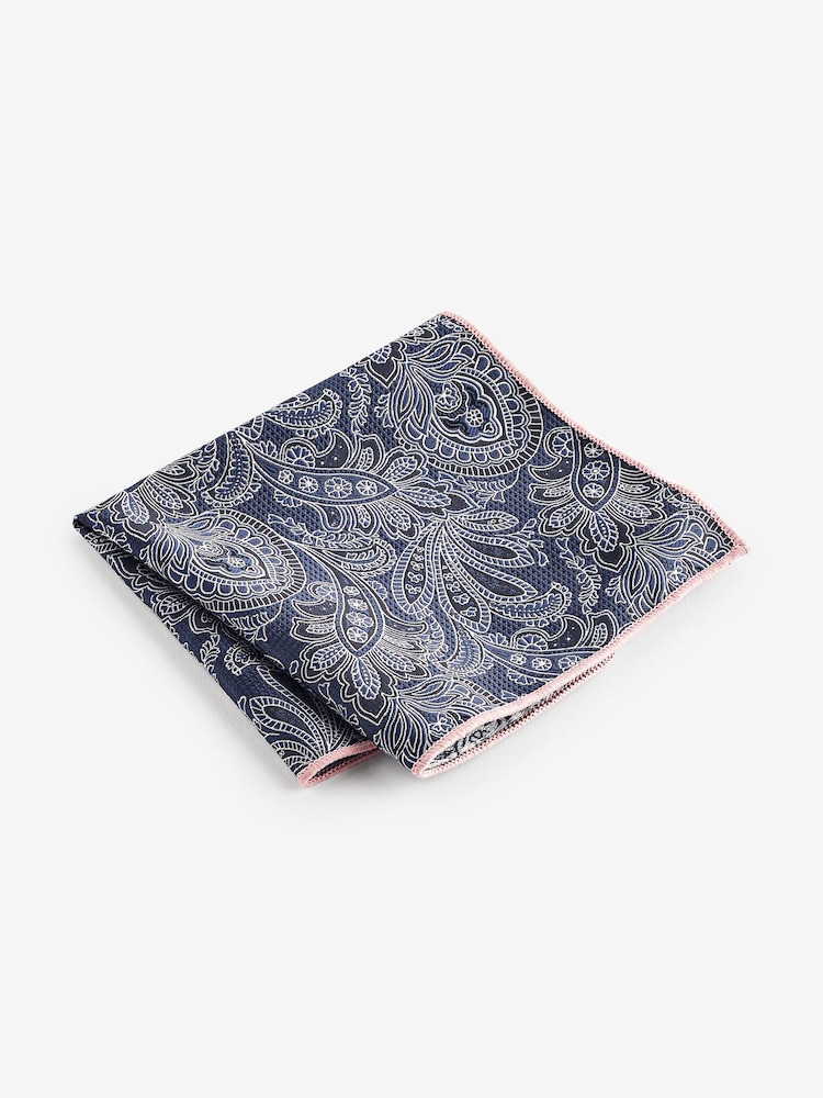 Navy Blue/Pink Textured Paisley Tie, Pocket Square And Pin Set - Image 6 of 7