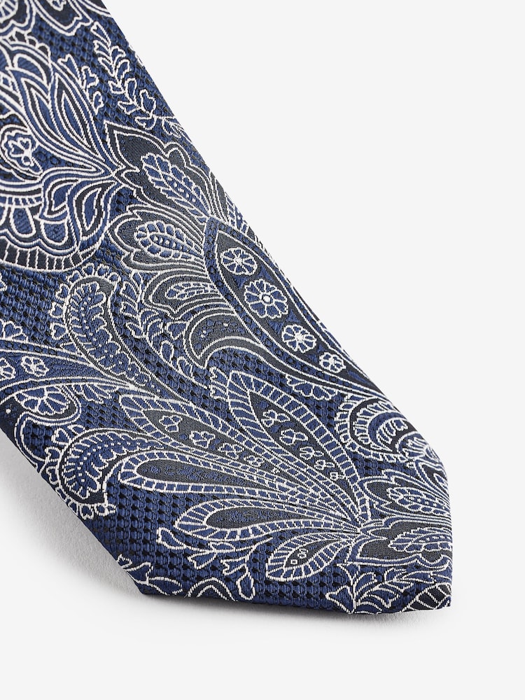 Buy Navy Blue/Pink Textured Paisley Tie, Pocket Square And Pin Set