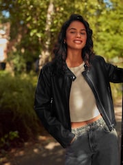 Black Faux Leather Centre Front Collarless Biker Jacket - Image 3 of 5