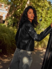 Black Faux Leather Centre Front Collarless Biker Jacket - Image 4 of 5