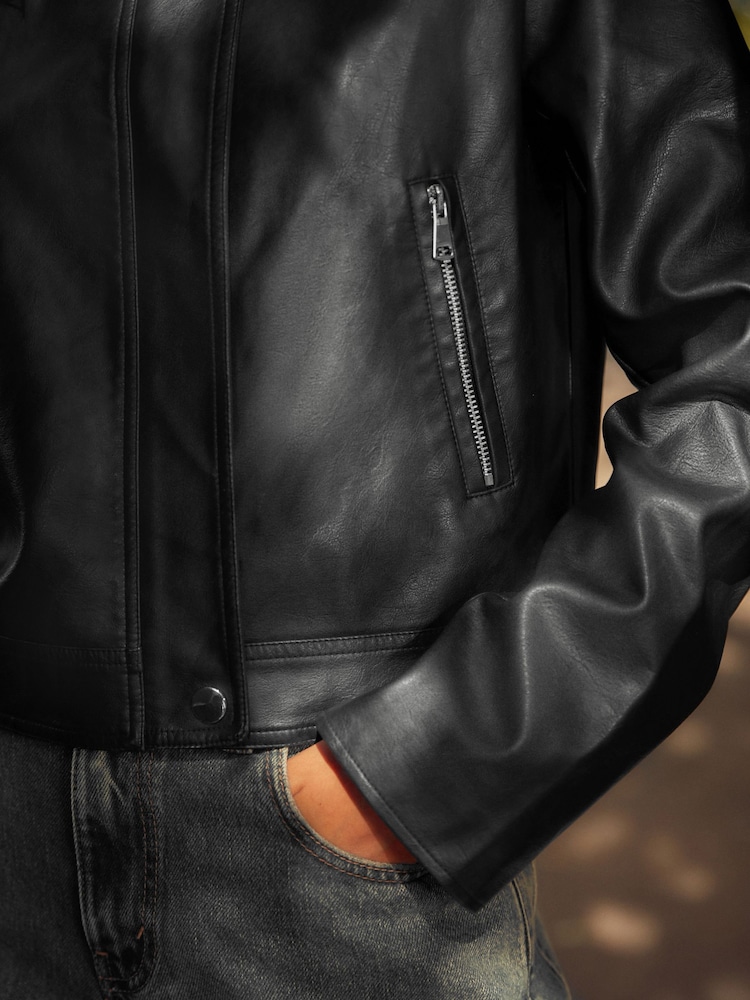 Black Faux Leather Centre Front Collarless Biker Jacket - Image 5 of 5