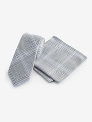 Light Grey/Light Blue Check Slim Tie And Pocket Square Set - Image 1 of 11