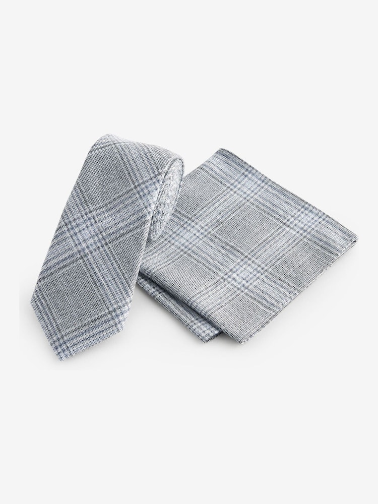 Light Grey/Light Blue Check Slim Tie And Pocket Square Set - Image 1 of 11