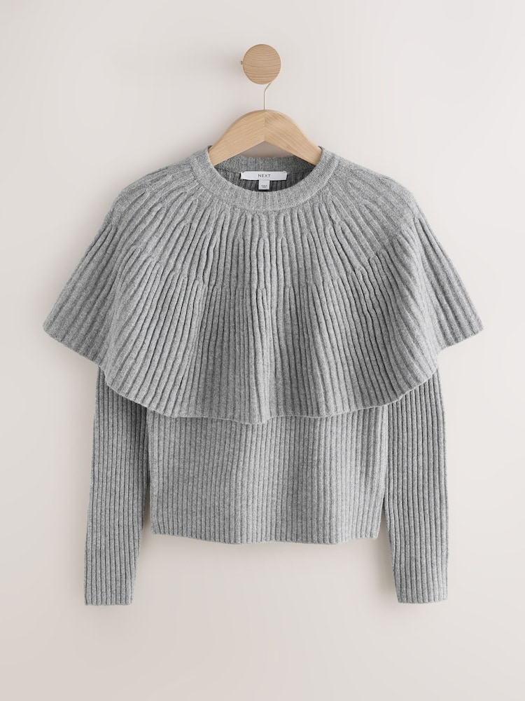 Grey Knitted Ribbed Long Sleeve Cape Layer Jumper - Image 1 of 8 Grey Knitted Ribbed Long Sleeve Cape Layer Jumper - Image 1 of 8