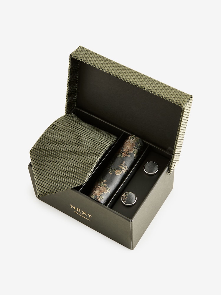 Olive Green Silk Tie, Pocket Square and Cufflinks Gift Box Set - Image 1 of 4