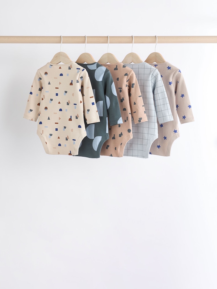 Blue Printed 5 Pack Long Sleeve Baby Bodysuits 5 Pack - Image 2 of 12