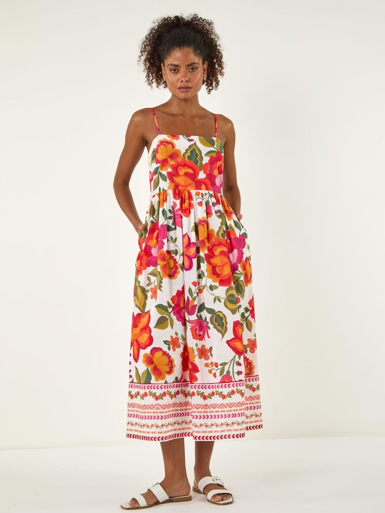Roman Orange Cotton Floral Border Midi Dress - Image 1 of 6