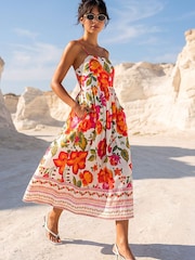 Roman Orange Cotton Floral Border Midi Dress - Image 2 of 6