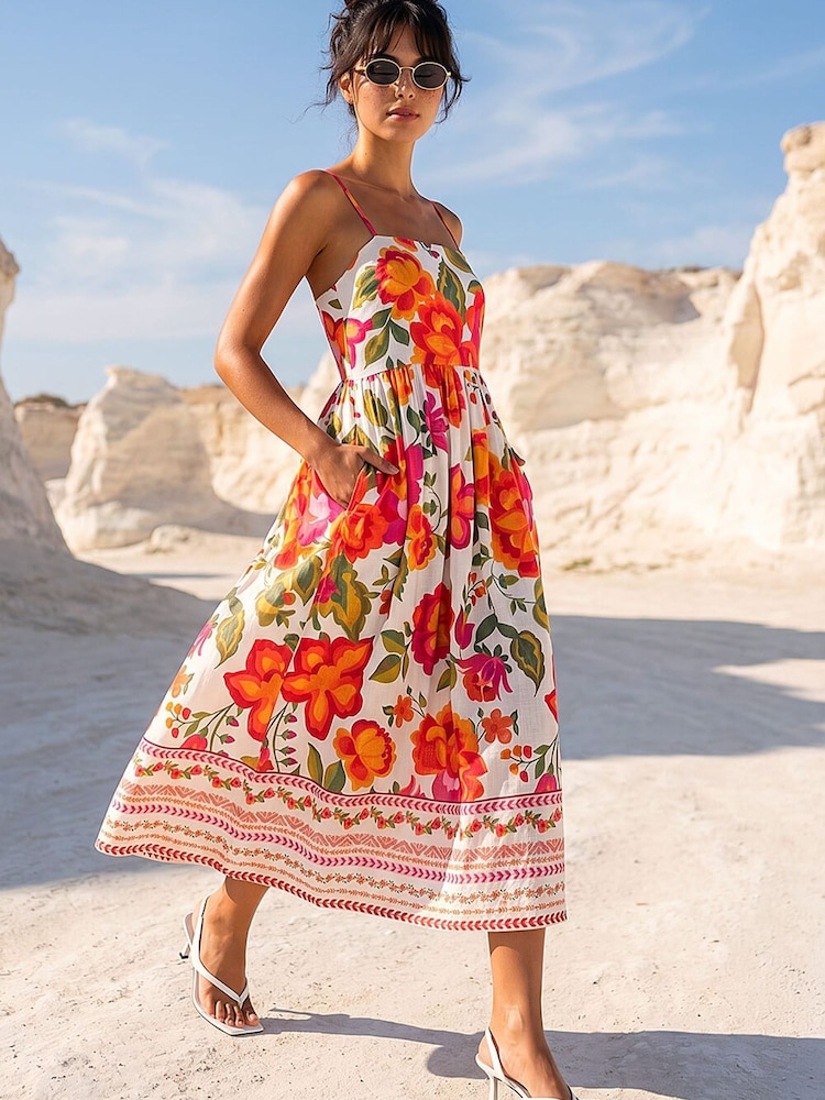 Roman Orange Cotton Floral Border Midi Dress - Image 2 of 6