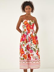Roman Orange Cotton Floral Border Midi Dress - Image 3 of 6
