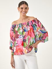 Roman Pink Floral Print Tie Front Bardot Top - Image 1 of 4