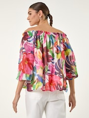 Roman Pink Floral Print Tie Front Bardot Top - Image 2 of 4