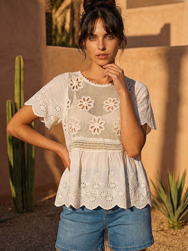 Roman Natural Floral Crochet Tunic Top - Image 1 of 4