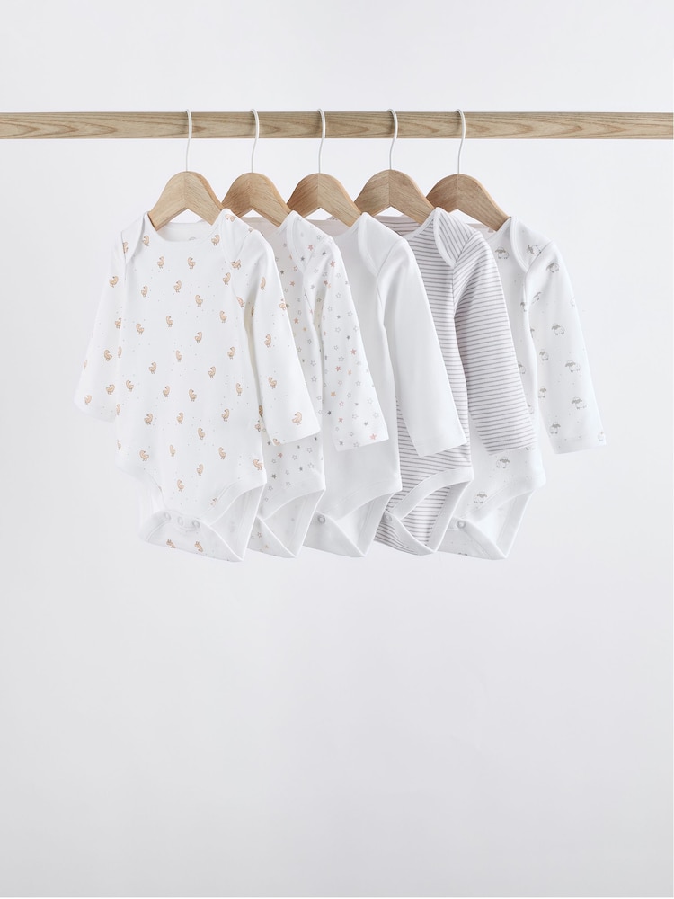 White Delicate Animal Print 5 Pack Long Sleeve Baby Bodysuits - Image 1 of 13