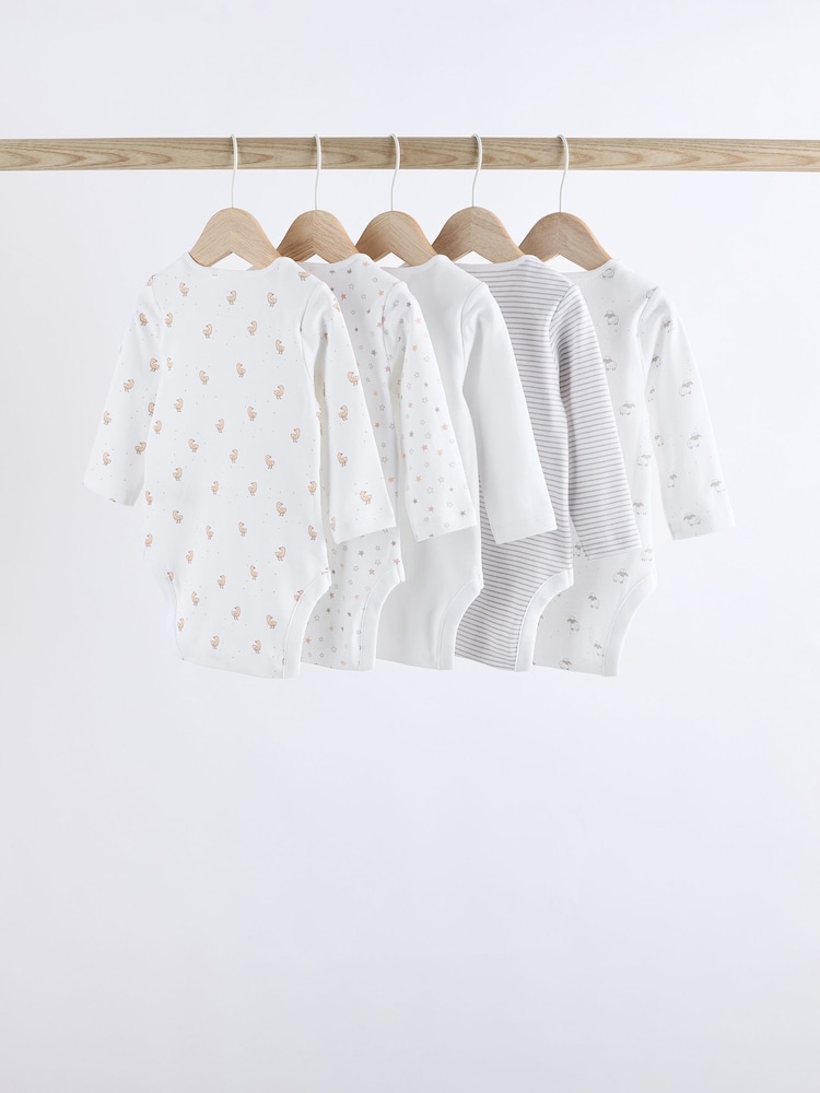 White Delicate Animal Print 5 Pack Long Sleeve Baby Bodysuits - Image 2 of 13