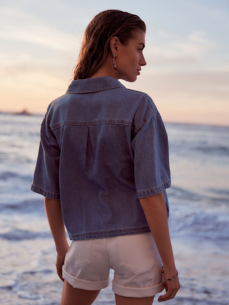 Mid Blue Short Sleeve Lightweight Denim Shirt - Image 2 of 6
